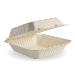 Sugarcane Clamshells: BioPak 7.8x8x3" Natural Clamshell Made from Sugarcane Fibre - Home Compostable