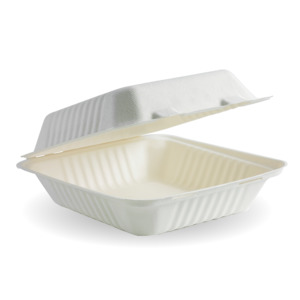 Sugarcane Clamshells: BioPak 7.8x8x3" White Clamshell Made from Sugarcane Fibre - Home Compostable