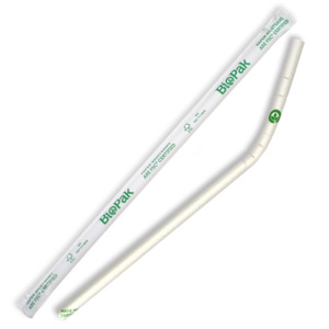 Paper Regular Biostraws: BioPak 6mm Regular White Bendy Biostraw- Individual Wrapped