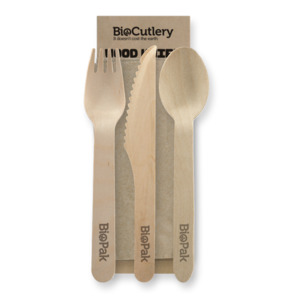 Wooden Cutlery: BioPak 16cm Wood Knife, Fork, Spoon & Napkin Set