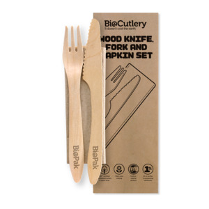 BioPak Individually Wrapped 19cm Coated Wooden Knife, Fork & Napkin Set