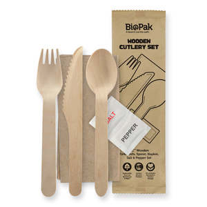 Wooden Cutlery: BioPak 16cm Wood Knife,Fork,Spoon,Napkin,Salt and Pepper Set