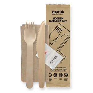 BioPak 16cm Wood Knife,Fork,Napkin,Salt & Pepper Set
