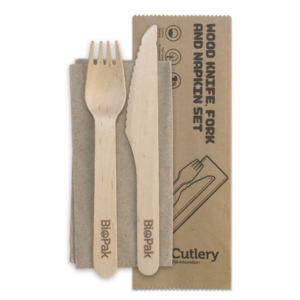 Wooden Cutlery: BioPak 16cm Coated & individually wrapped disposable wooden Knife, Fork & Napkin Set