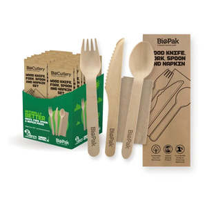 Picnics Parties: BioPak 16cm Wood Fork, Knife, Spoon & Napkin Sets – Retail Packs