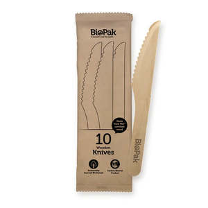 Picnics Parties: BioPak 10 Pack  16cm Wooden Knife In Paper Sleeves