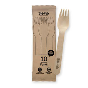 Picnics Parties: BioPak 10 Pack  16cm Wooden Fork In Paper Sleeves
