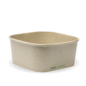 Square Paper Containers: BioPak 1,400ml Kraft BioBoard Square Takeaway Base