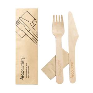 Wooden Cutlery Skewers: 16cm Wooden Set - Fork, Knife, Napkin 100% FSC