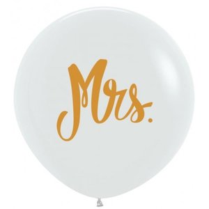 60cm Latex: 60cm Latex Round Mrs Wedding White with Gold Print 2 sides #222442 - Pack of 3