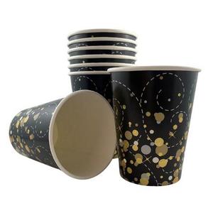 Cups Sticks Seals: 9oz Paper CUP Sparkle Fizz Black & Gold 8Pk #AP635876