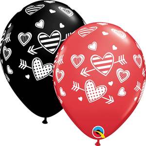 Printed Latex Love: 28cm Round Assorted Red & Onyx Black Patterned Hearts and Arrows #55247 - Pack of 50