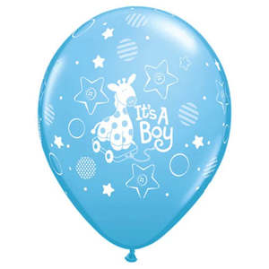 28cm Latex Printed: 28cm Round Pale Blue It's A Boy Soft Giraffe #11762-10 - Pack of 10