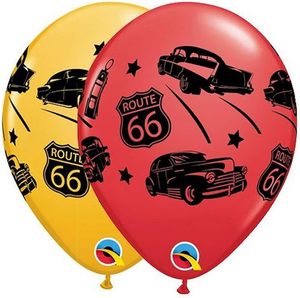 28cm Latex Printed: 28cm Round Special Assorted Classic Cars on Route 66 #44866-10- Pack of 10