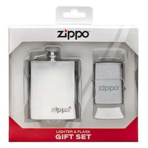 Hipflasks: Zippo Lighter and Hipflask Gift Set - Brushed Chrome - Add Personalisation