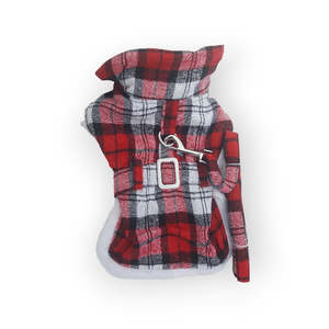 Sherpa-Lined Dog Harness Coat - Red and White Plaid