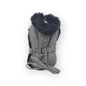 Dog Coats Jackets: Black Houndstooth Dog Coat with Matching Lead