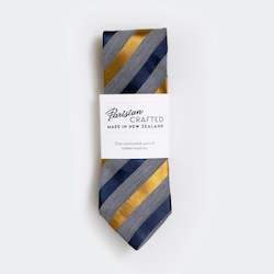 Parisian Crafted Ties Bows Ties: Grey Marle with Navy Gold Satin Stripe Tie