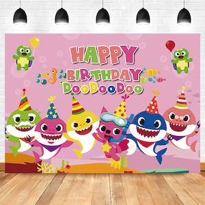 Baby Shark Pink Birthday Party Backdrop Banner