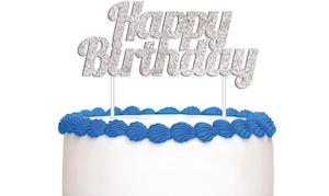 Cake Topper Happy Birthday Silver Glitter