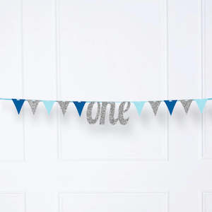 1st Birthday: 1st Birthday Bunting Banner - Blue/Silver