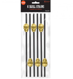 Halloween: Black Straws with Gold Skulls *REUSABLE* 6pk