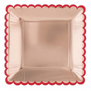 Rose Gold Paper Plates with Red Scalloped Edges 10in (8pk)