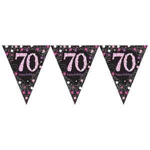 Banners: 70th Party Bunting Sparkling Fizz Black & Gold Holographic 11 flags 3.9m