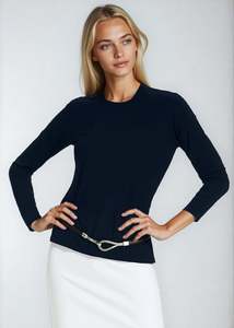 Tops: PAULA RYAN Easy Fit Long Sleeve Crew Neck Top - Ecovero Navy