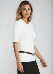 Tops: PAULA RYAN Slim Fit Half Sleeve Tee - Ecovero White