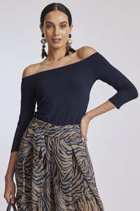 Tops: PAULA RYAN Off Shoulder Top - Modal Soft Navy