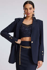 PAULA RYAN Long-line Boyfriend Jacket - Microjersey Navy