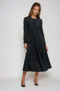 PAULA RYAN Panel Flared Crew Neck Dress Merino - Black