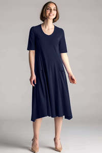 PAULA RYAN A-Line Half Sleeve Tab Dress - Navy - Microjersey