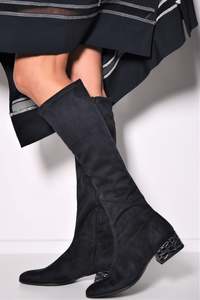 Footwear: PAULA RYAN Croc-print Heel Stretch Knee High Boot - Navy