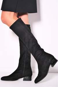 PAULA RYAN Croc-print Heel Stretch Knee High Boot - Black