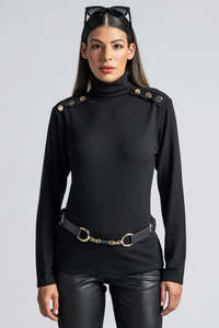 Accessories 1: PAULA RYAN Metal Trimmed Leather Belt - Black/Gold