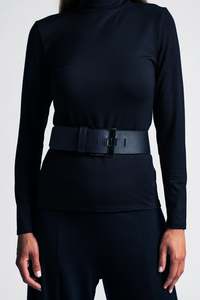 PAULA RYAN Squared Buckle Leather Belt - Ink/Gunmetal