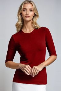 Merino: PAULA RYAN Slim Fit Half Sleeve Crew Neck - Red Merino