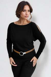 PAULA RYAN Cold Shoulder Batwing Top Merino - Black