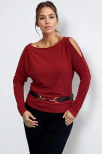 PAULA RYAN Cold Shoulder Batwing Top Merino - Red