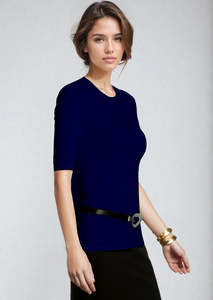 PAULA RYAN Slim Fit Half Sleeve Crew Neck - Merino Navy