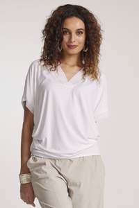 Micromodal 1: PAULA RYAN V Neck Side Tuck Top - White - Micromodal