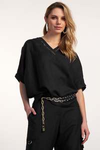 Paula Ryan Relaxed: PAULA RYAN Beaded V Neck Linen Top - Black