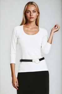 Scoop Neck Tops: PAULA RYAN Slim Fit 3/4 Sleeve U Shape Neck Top - Eco Vero White