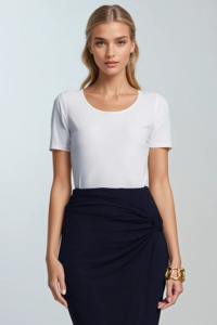 Scoop Neck Tops: PAULA RYAN Scoop Neck Body Tee - White Microjersey Classic