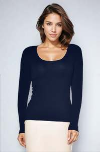Scoop Neck Tops: PAULA RYAN Slim Fit Long Sleeve Scoop Neck Top Modal Soft - Navy