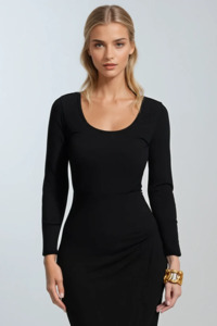 Scoop Neck Tops: PAULA RYAN Scoop Neck Long Sleeve Body Tee Classic Microjersey - Black