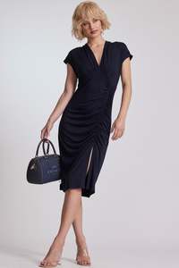 Outlet: PAULA RYAN V Neck Side Rouched Dress - Black Micromodal