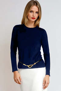 PAULA RYAN Slim Fit Crew Neck Top - Merino Navy